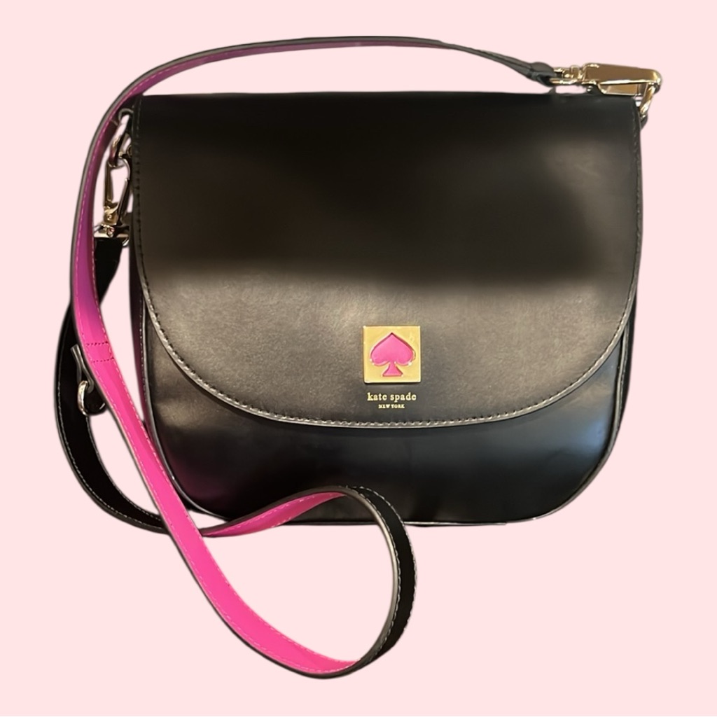 Kate Spade Black Crossbody Bag With Pink Strap And Pink Spade Logo
